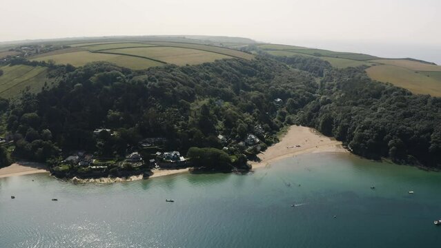 Aerial View Of Scenic Beaches In Salcombe, Devon, England - drone shot