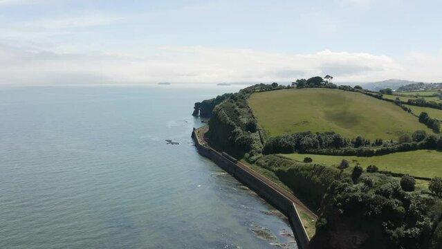 Aerial View Of Coastal Railway At Dawlish Resort Town In Devon, England.