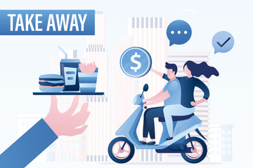 Takeaway food, concept banner. Large hand holds tray of fast food. Hungry people on motorbike with money. Fast food technologies. Funny couple pays for eat.