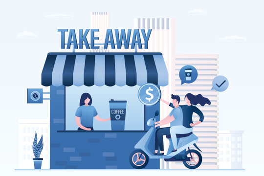 Takeaway food and drink, banner. Coffee shop kiosk. Hungry people on motorbike with money. Fast food technologies. Funny couple pays for cups of coffee. Local, small business.