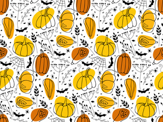 Halloween seamless pattern. Hand drawn Halloween holiday sketch design. Pumpkin, black dry plants, bat, spider, cobweb icon. Repeated background for textile, fabric, paper, wallpaper, packaging
