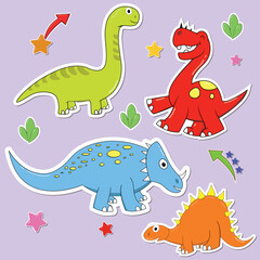 Different kinds of dinosaurs in sticker set, design illustration