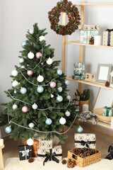 Concept of Christmas and Happy New Year, beautiful Christmas tree
