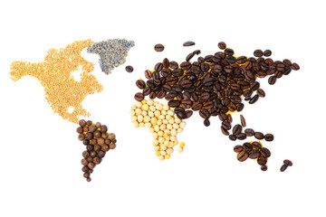 Map of world made from different kinds of spices, isolated on white background