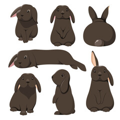 A set of black rabbits on a white background. Animals. Cartoon design.
