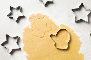 Concept of tools for cooking cookies, cookie cutter, top view