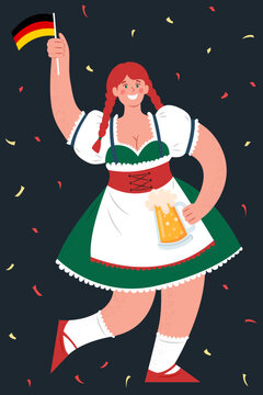 Octoberfest Beer Festival. A woman in a national German costume holds a mug of beer and a flag of Germany. Vector flat illustration.