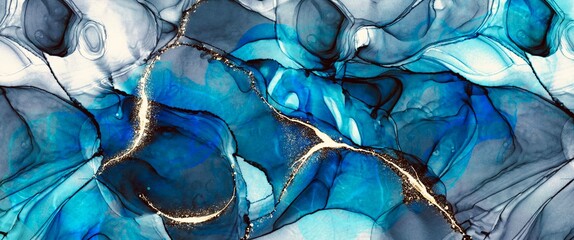 Deep blue alcohol ink background with golden veins design elements, modern fluid art texture, hand drawn painting wallpaper, wall art interior decoration
- 528858527