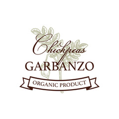 Hand drawn vintage chickpeas logo template. Vector illustration in sketch stile. Botany design isolated on white
