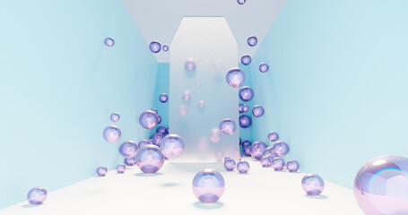 3d rendering. Abstract image of a bright room with glass balls on a background of translucent glass.