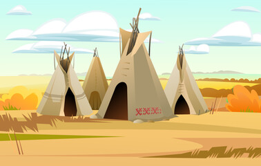 Indians wigwam hut made of felt and skins. Autumn landscape.. North American tribal dwelling. Traditional home of nomadic peoples. Vector. © WebPAINTER-Std