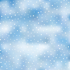 Winter snowfall and snowflakes on light blue background. Xmas and New Year background. Vector