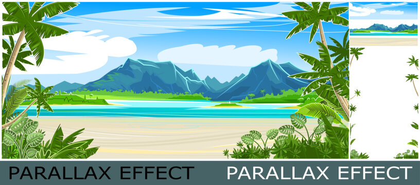 Beach. Seaside landscape. Tropical trees by sea, ocean. Mountains in distance on horizon. Grass and thickets in sand. Image from layers for overlay with parallax effect. Vector.
