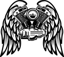 Illustration of twin engine with wings in engraving style. Design element for poster, card, banner, sign, emblem. Vector illustration