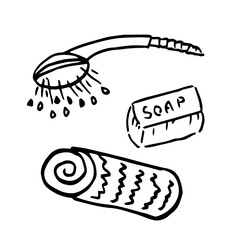 Towel, soap and showerhead line icon isolated on white background, doodle vector illustration.