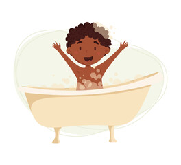 Cute african black boy washes in the bathroom vector illustration. Child having fun in a bubble bath. Daily routine. Schedule. Illustration on abstract background