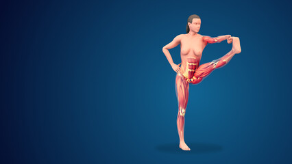 Fototapeta na wymiar 3D human utthita hasta padangusthasana yoga pose on blue background