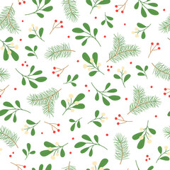 Seamless pattern with winter twigs on white background. Good for fabric, wallpaper, packaging, textile, web design. Vector illustration