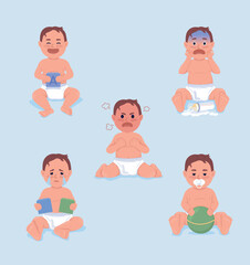 Moods of baby boy semi flat color vector characters set. Editable figure. Full body people expressions. Simple cartoon style illustration for web graphic design and animation pack. Quicksand font used