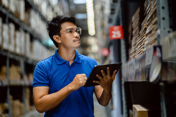 Warehouse Worker using digital tablets to check the stock inventory on the shelf in large warehouses, a Smart warehouse management system, supply chain and logistic network technology concept.