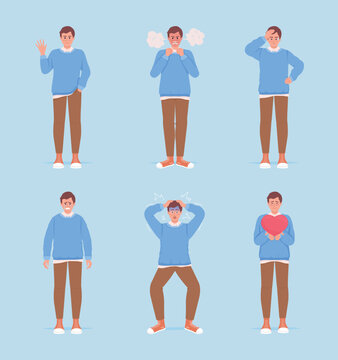 Men demonstrating different emotions semi flat color vector characters set. Editable figure. Full body people expressions. Simple cartoon style illustration for web graphic design and animation pack