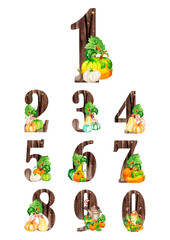 Watercolor brown figure with pumpkins, flowers and leaves,collection .Monogram initials perfect for wedding invitation, greeting card, logo, poster. Festive hand-painted decorations.