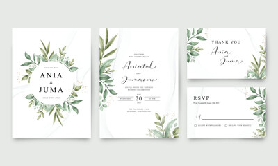 Set of elegant wedding invitation templates with green leaves