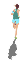 Fototapeta na wymiar A young woman runs with her shadow in a green vest blue shorts, colorful sneakers, blue watch and a mobile phone on her arm, on a transparent background, realistic minimalistic vector