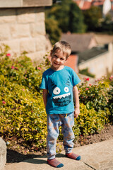 A little boy stands in nature on a sunny day