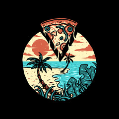 Pizza summer beach t-shirt graphic design, hand drawn line style with digital color, vector illustration