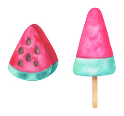 Ice cream and slice of watermelon in cartoon style. Watercolor illustration to create a summer girly design