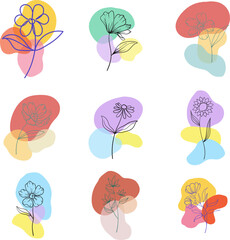 Hand drawn line wild flower and abstract blob shapes, modern floral template for posts, highlights covers and stories.