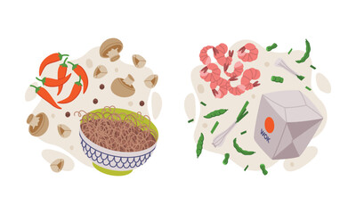 Noodles in Bowl and Carton Box with Mushroom and Shrimps as Wok Ingredients and Asian Food Vector Composition Set