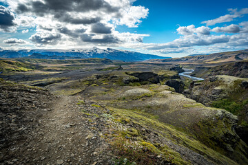 landscape with sky and clouds and river, Laugavegur Trail, Iceland