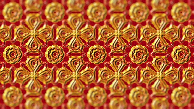 Oriental mandala shapes ornaments or decorations ethnic wallpaper. Meditation video seamless loop kaleidoscope motion golden blurred geometric background