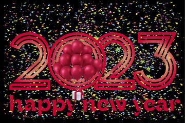 2023 Happy New Year banner. Vector illustration with colorful numbers 2023 with a colorful balloon. New Year holiday symbol template on colorful background.