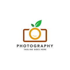 Nature capture, camera with leaf and fruit symbol vector logo template.