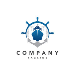 Cargo Ship Logo Design Template with Steering and anchor for international export or import of goods transportation trading companies.