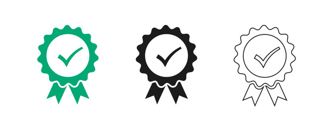 Set the company's product quality certificate is compliant, the check mark symbol represents the standard quality control. Vector illustration.