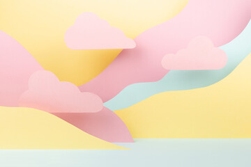 Fantasy cartoon landscape as abstract scene mockup with paper pink clouds, mountains in pink,...