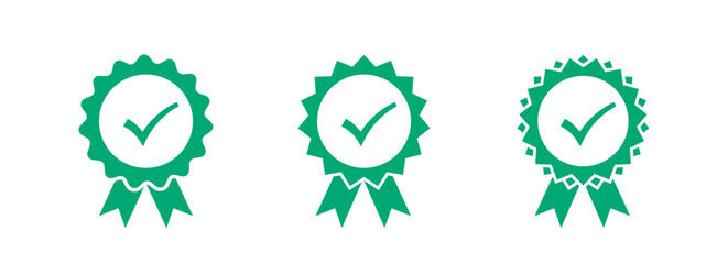 Set the company's product quality certificate is compliant, the check mark symbol represents the standard quality control. Vector illustration.