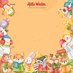 Winter animals background, Christmas animals set, Digital paint watercolor illustration..