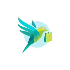 Creative modern colorful origami bird holding a Shopping bag logo concept. Vector logo template.