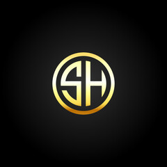 SH in circle, elegant golden colour logo in black background vector logo template 