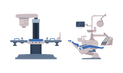 Dental Chair and X-ray Scanner as Medical Equipment and Assistance Device Vector Set