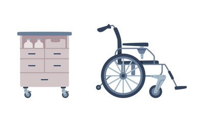 Wheeled Cabinet with Medication and Wheelchair as Medical Equipment and Assistance Device Vector Set