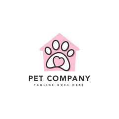 Pinkish paw foot print inside home icon, vector logo template 