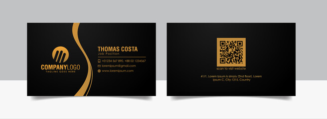 Luxury and elegant black gold business cards template on black background.
