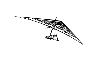 Fototapeta na wymiar Hang glider flying. Pilot in helmet. Bottom view from afar. Hand drawn outline sketch. Isolated on white background. Vector.