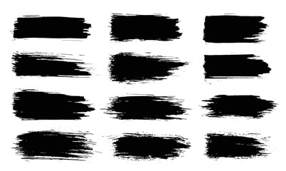 Paint brush. Black ink grunge brush strokes. Vector paintbrush set. Grunge design elements. Painted ink stripes. Creative isolated spots. Ink smudge abstract shape stains and smear set - obrazy, fototapety, plakaty